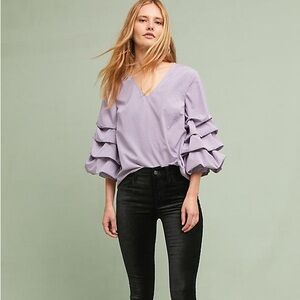 Anthropologie Sunday in Brooklyn gingham blouse with epic gathered sleeves